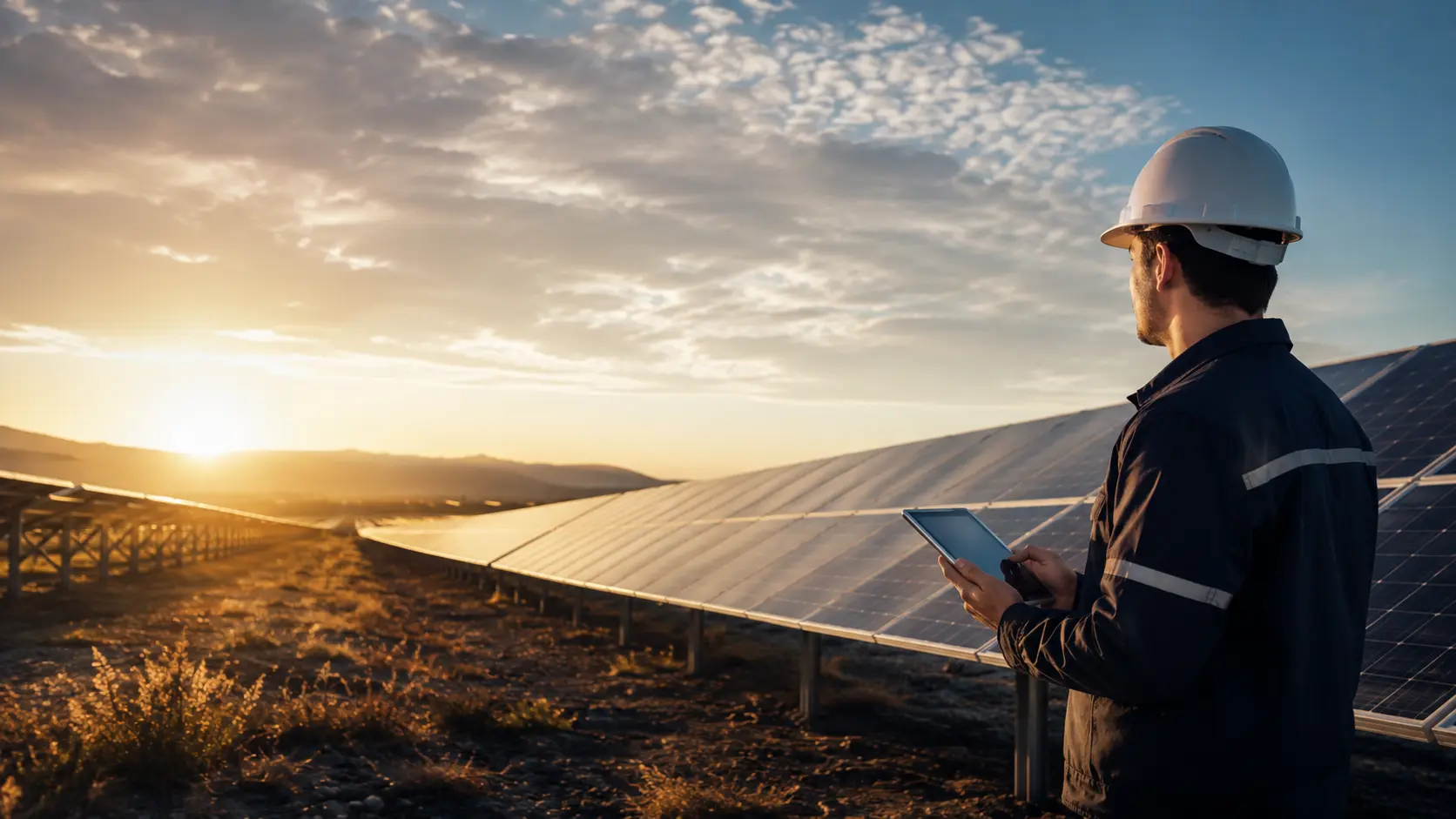 Profissional usando capacete branco segurando tablet em campo de painéis solares ao pôr do sol