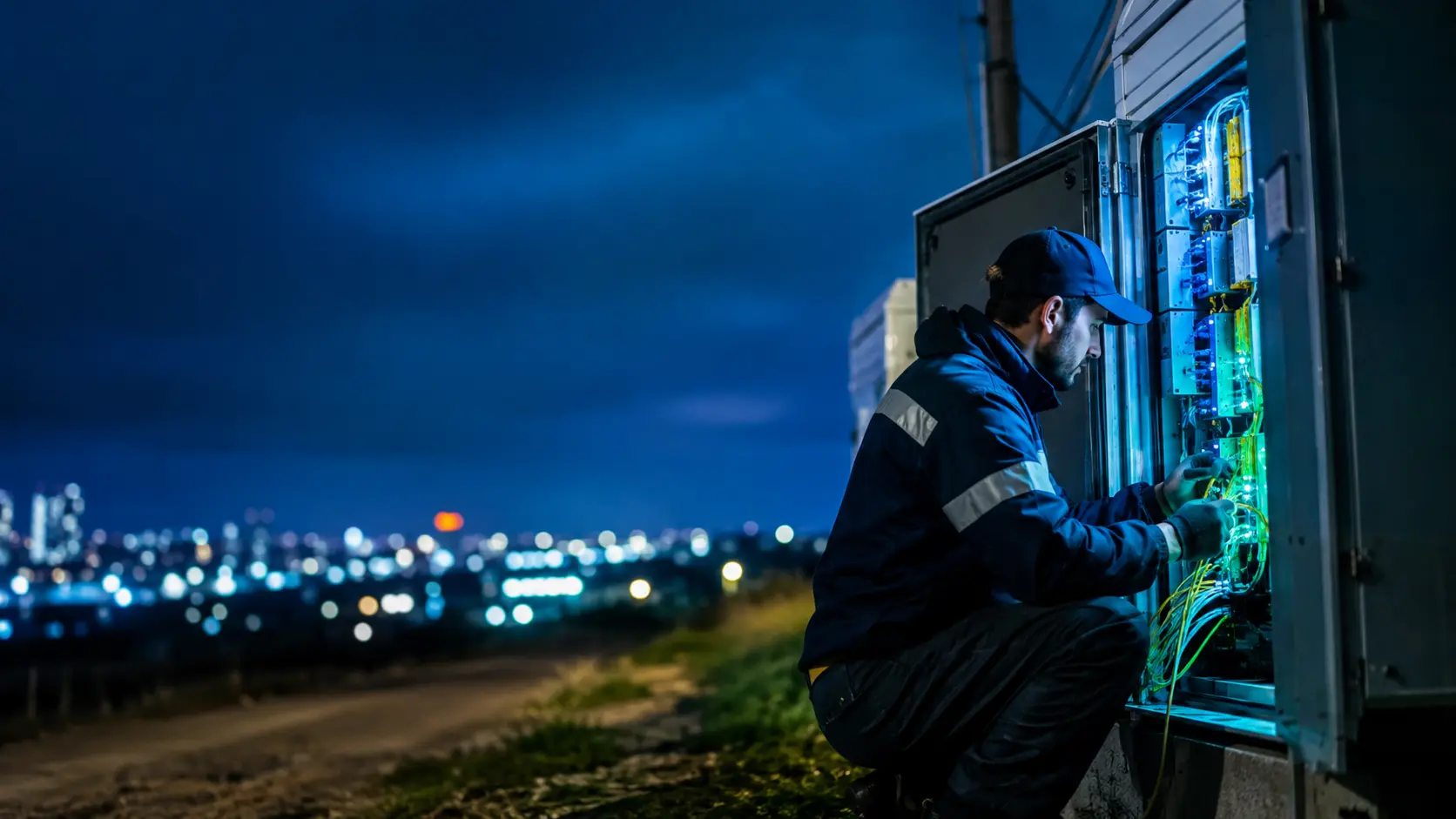 Técnico de telecomunicações trabalhando em gabinete de fibra óptica com iluminação azul